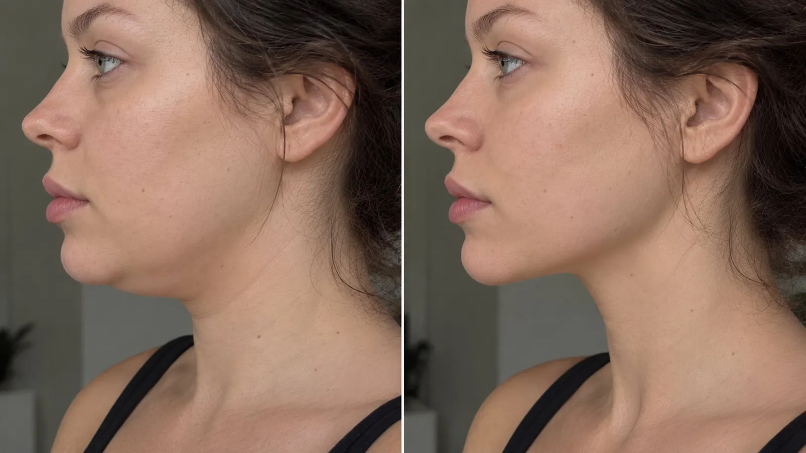 Seitenprofil zweimal nebeneinander: links mit Doppelkinn, rechts mit definierter Kieferlinie